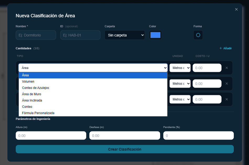 Modal "Nueva Clasificación de Área" con el desplegable de Tipo abierto, mostrando Área, Volumen, Conteo de Azulejos, Área de Muro, Área Inclinada, Conteo y Fórmula Personalizada.