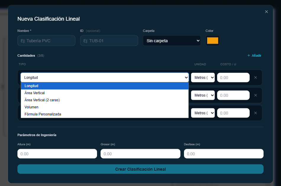 Modal "Nueva Clasificación Lineal" con el desplegable de Tipo abierto, mostrando Longitud, Área Vertical, Área Vertical (2 caras), Volumen y Fórmula Personalizada.