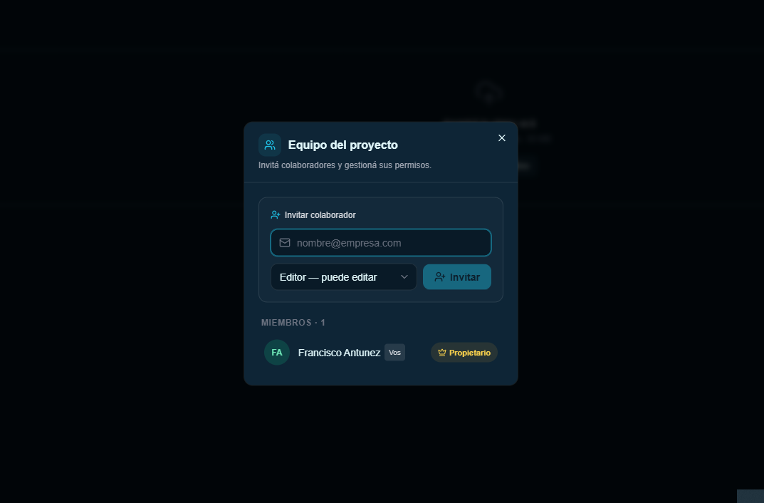 Modal "Equipo del proyecto" con el formulario para invitar por correo, el rol "Editor — puede editar" seleccionado, y la lista de miembros con el propietario marcado con una corona.